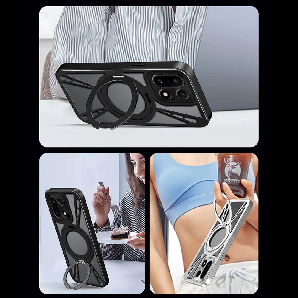 For OnePlus 15 5G Case Magnetic Kickstand Hollow Heat Dissipation Silicone + PC + Metal Bumper Phone Cover - Black - 7