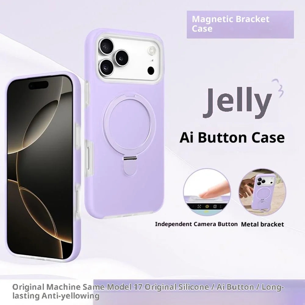 For iPhone 17 Pro Case Jelly Color Ring Kickstand Liquid Silicone Phone Cover with AI Camera Button - Pink - 2