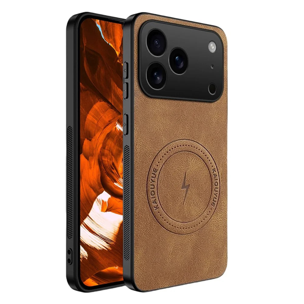 For iPhone 17 Pro Case Compatible with MagSafe Nappa Texture PU Leather TPU Phone Back Cover - Brown - 1