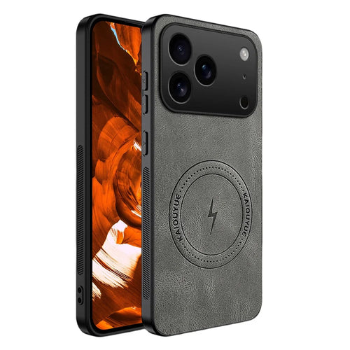 For iPhone 17 Pro Max Case Compatible with MagSafe Nappa Texture PU Leather TPU Phone Back Cover - Grey - 1