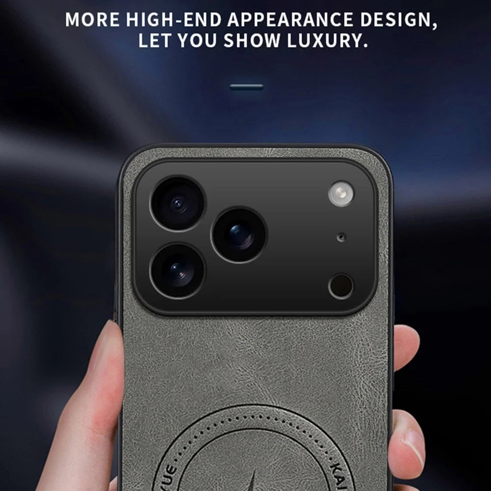 For iPhone 17 Pro Max Case Compatible with MagSafe Nappa Texture PU Leather TPU Phone Back Cover - Grey - 2