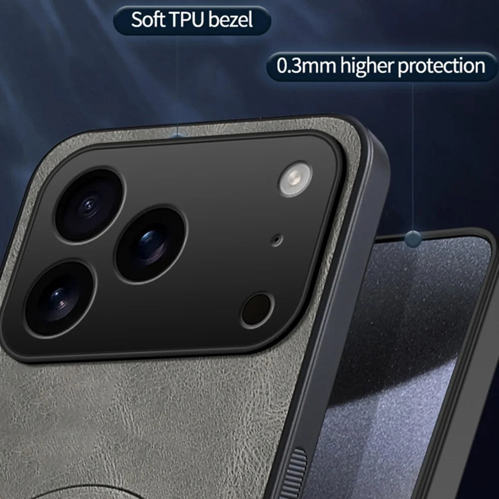 For iPhone 17 Pro Max Case Compatible with MagSafe Nappa Texture PU Leather TPU Phone Back Cover - Grey - 6