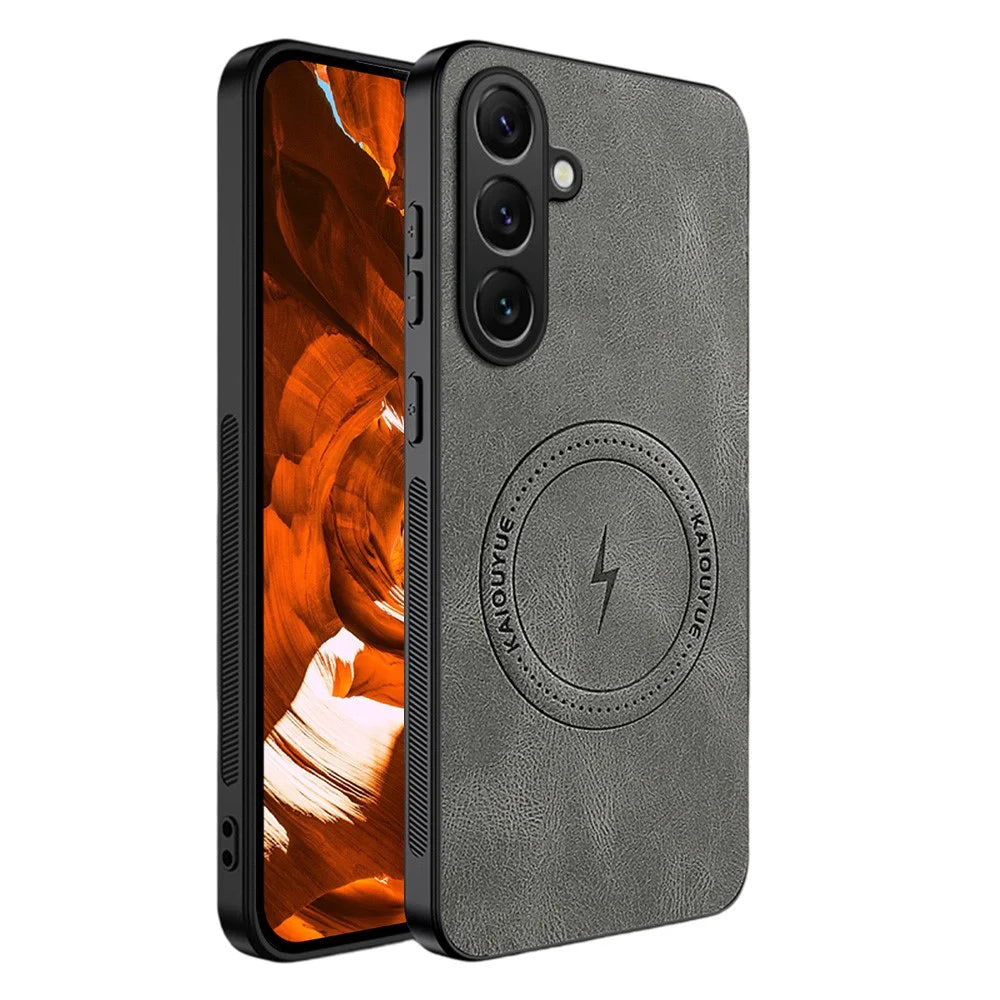For Samsung Galaxy A36 5G Magnetic Case Nappa Texture PU Leather TPU Phone Back Cover - Grey - 1