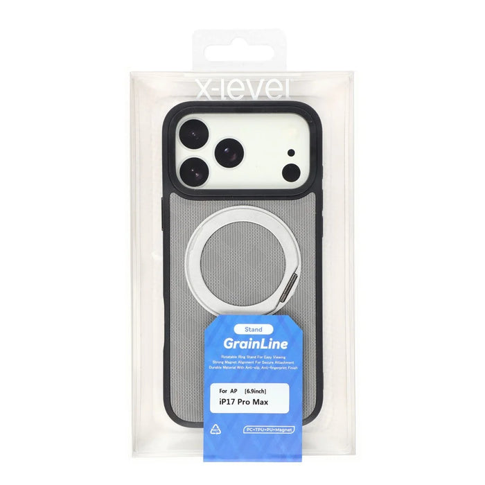 X-LEVEL For iPhone 17 Pro Magnetic Case Kickstand Longitude Latitude Texture PU Leather PC TPU Phone Cover - Grey - 7