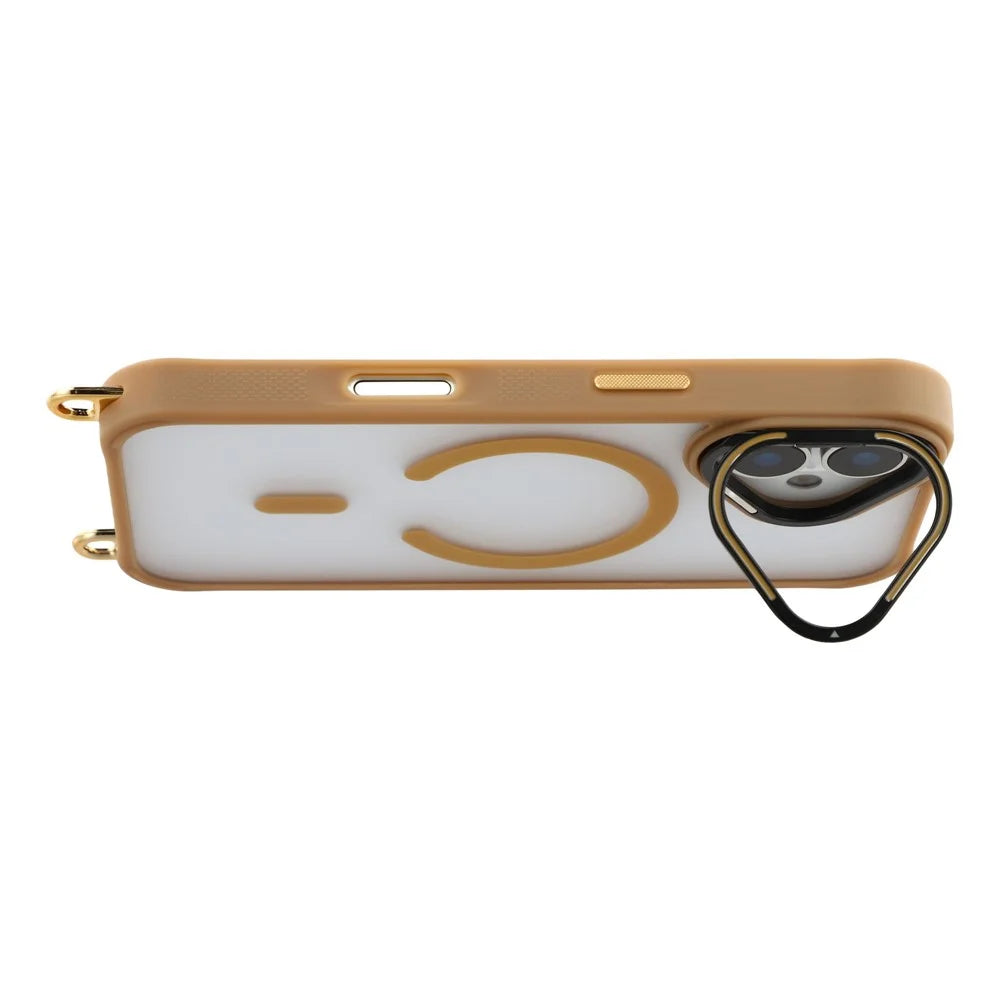 For iPhone 17 Case Compatible with MagSafe PC TPU Phone Cover with Adjustable Lanyard  /  Camera Frame Kickstand - Brown - 4