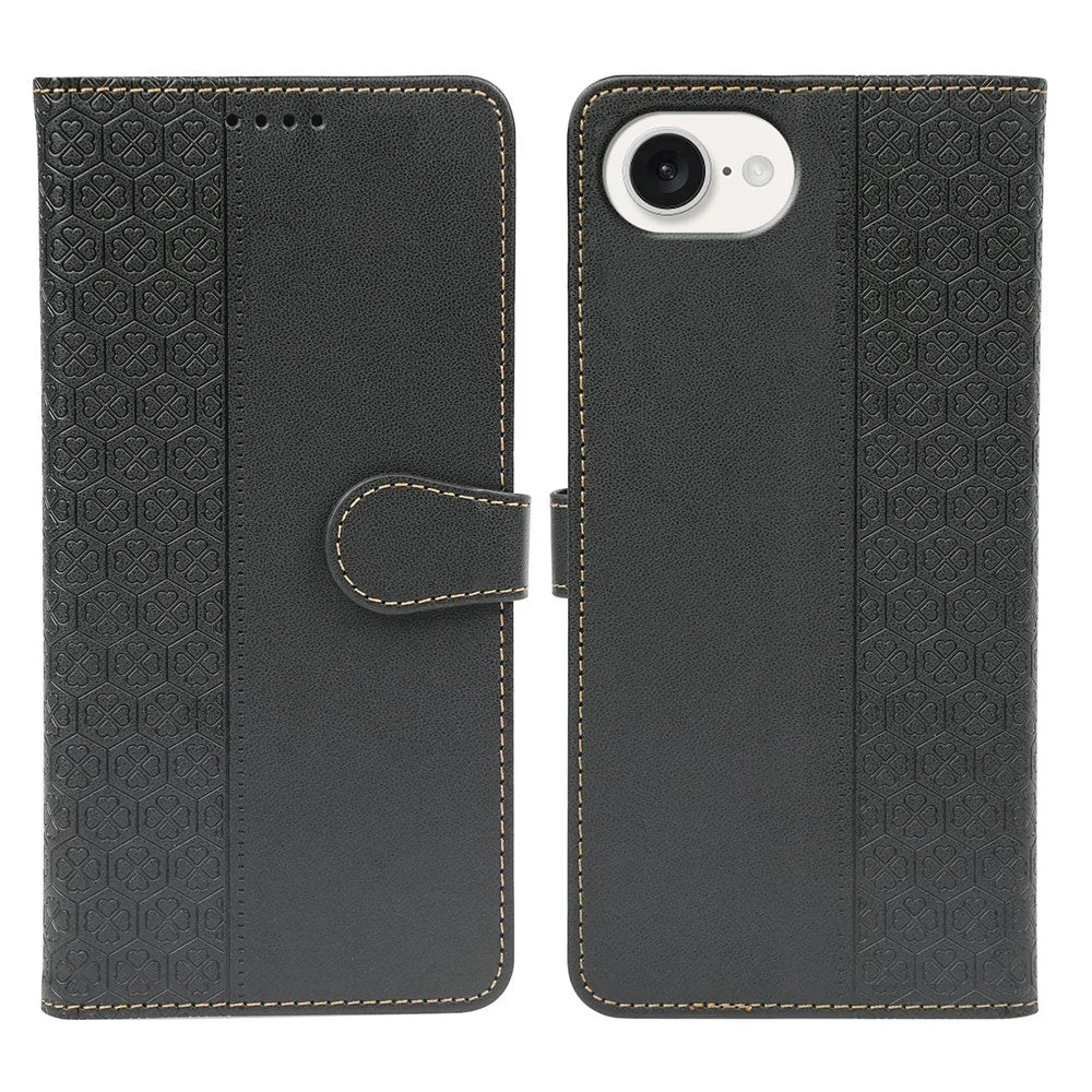 For iPhone 17e / 16e Case Magnetic Clasp Four Leaf Clover Leather Phone Cover - Black - 1