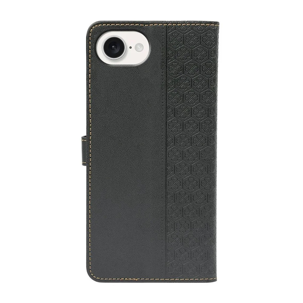 For iPhone 17e / 16e Case Magnetic Clasp Four Leaf Clover Leather Phone Cover - Black - 5