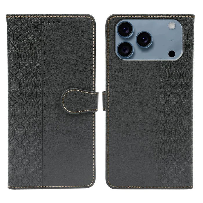 For iPhone 17 Pro Case Magnetic Clasp Four Leaf Clover Leather Phone Cover - Black - 1