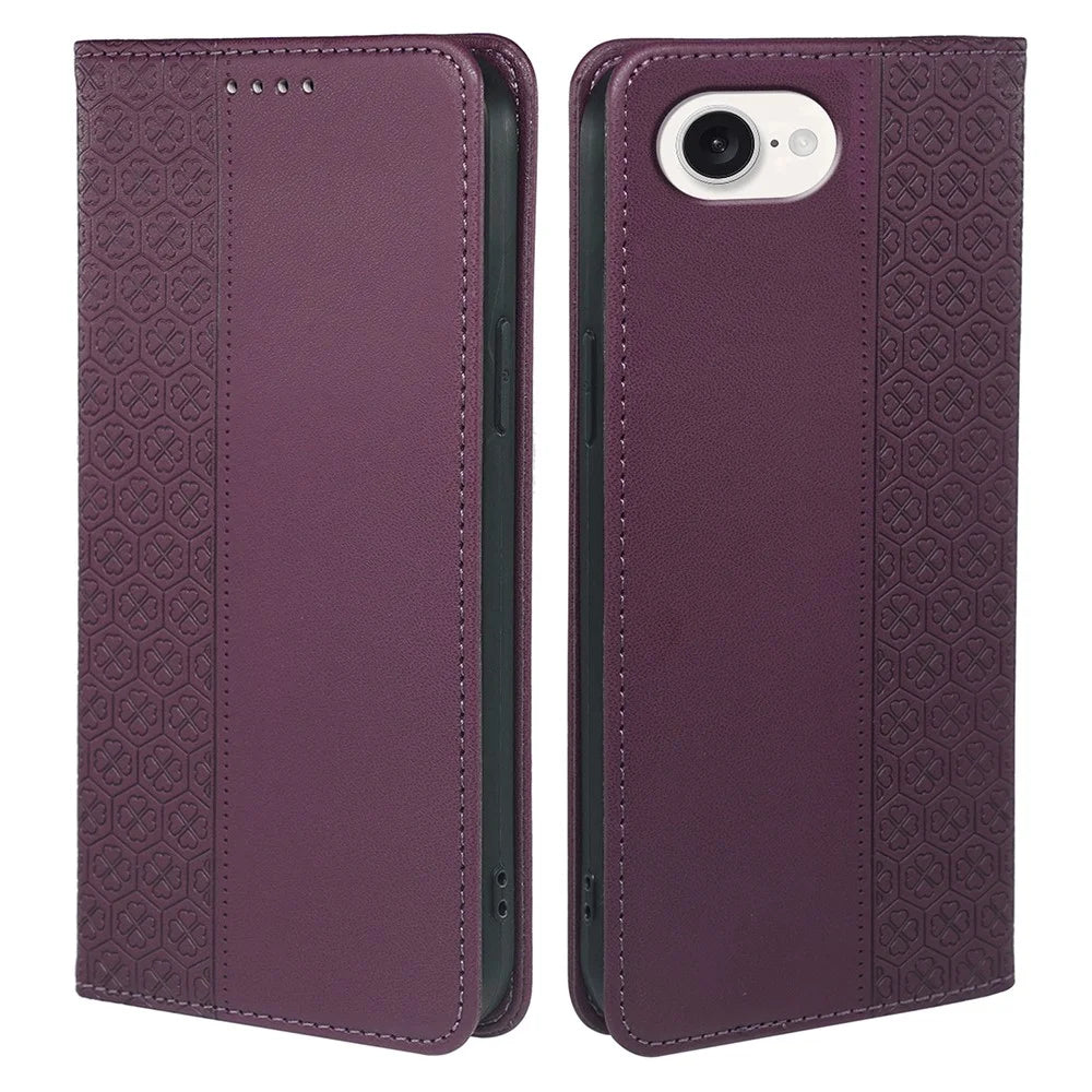 For iPhone 17e / 16e Case Four Leaf Clover Leather Flip Phone Cover Stand Wallet - Dark Purple - 1