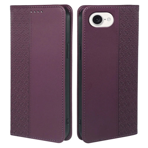 For iPhone 17e / 16e Case Four Leaf Clover Leather Flip Phone Cover Stand Wallet - Dark Purple - 1