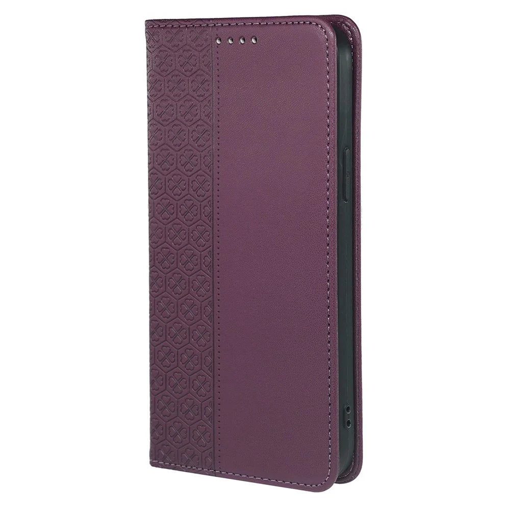 For iPhone 17e / 16e Case Four Leaf Clover Leather Flip Phone Cover Stand Wallet - Dark Purple - 4