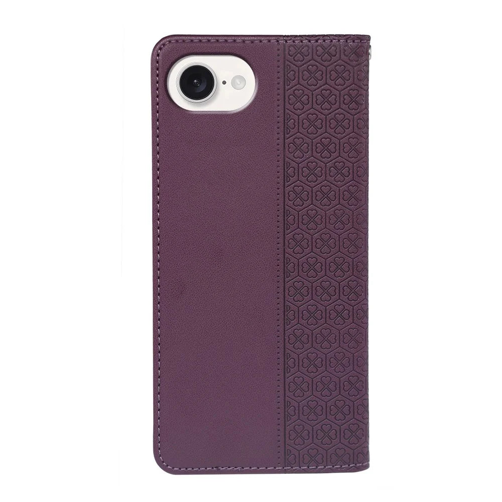 For iPhone 17e / 16e Case Four Leaf Clover Leather Flip Phone Cover Stand Wallet - Dark Purple - 5