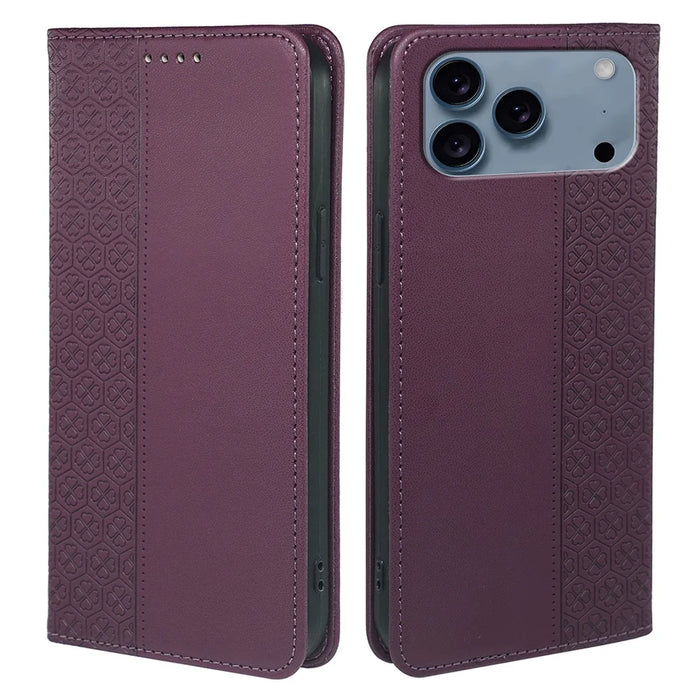 For iPhone 17 Pro Max Case Four Leaf Clover Leather Flip Phone Cover Stand Wallet - Dark Purple - 1