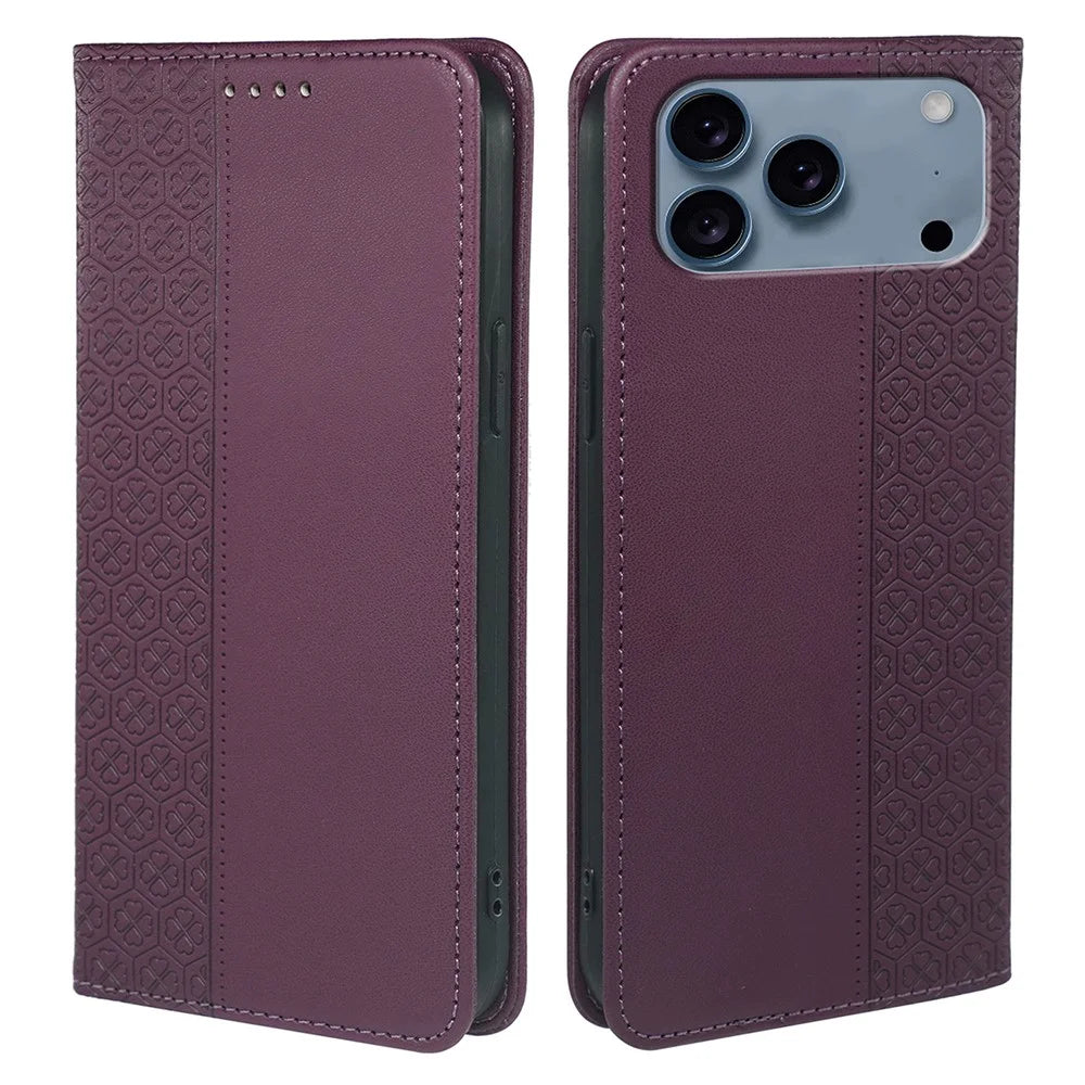 For iPhone 17 Pro Case Four Leaf Clover Leather Flip Phone Cover Stand Wallet - Dark Purple - 1