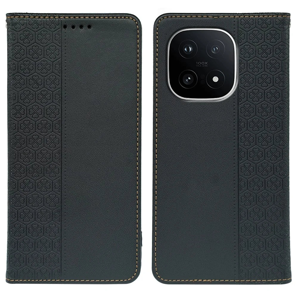 For vivo iQOO 15 5G Case Four Leaf Clover Leather Flip Phone Cover Stand Wallet - Black - 1