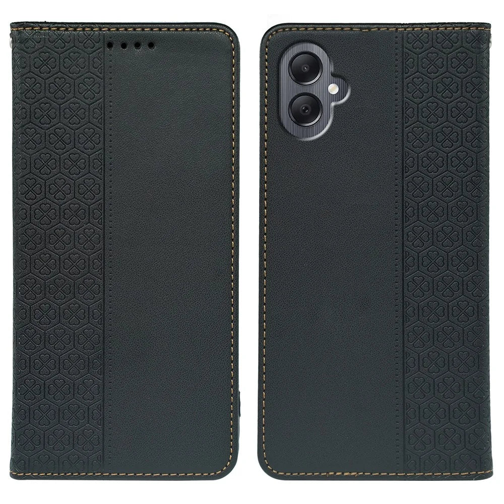 For Samsung Galaxy A08 5G / A08 4G / A07 4G Case Four Leaf Clover Leather Flip Phone Cover Stand Wallet - Black - 1