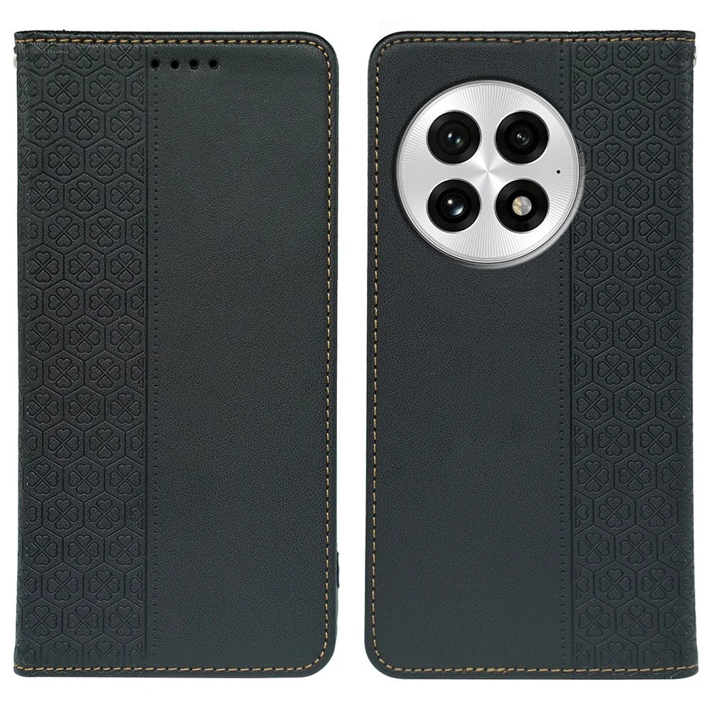 For OnePlus 13 Case Four Leaf Clover Leather Flip Phone Cover Stand Wallet - Black - 1