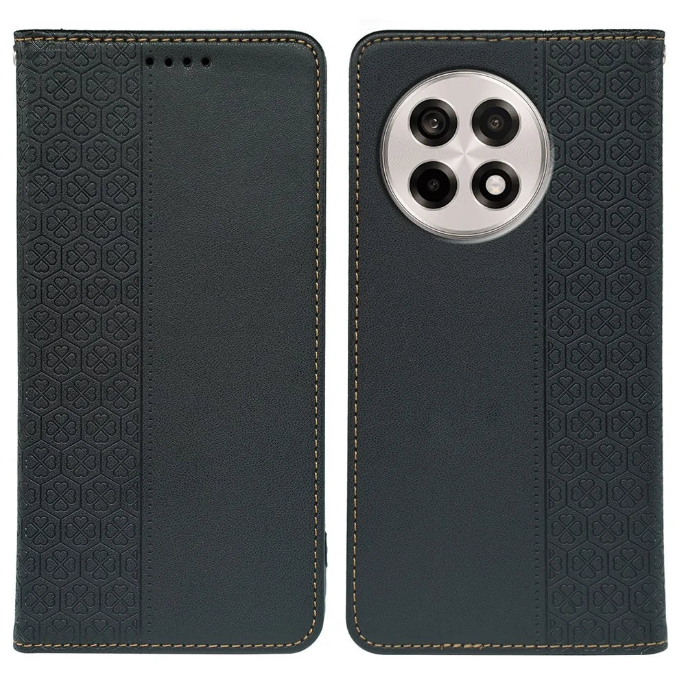 Leather Case For OnePlus 13R 5G  /  Ace 5 5G  /  Ace 5 Pro 5G Four Leaf Clover Flip Phone Cover Stand Wallet - Black - 1