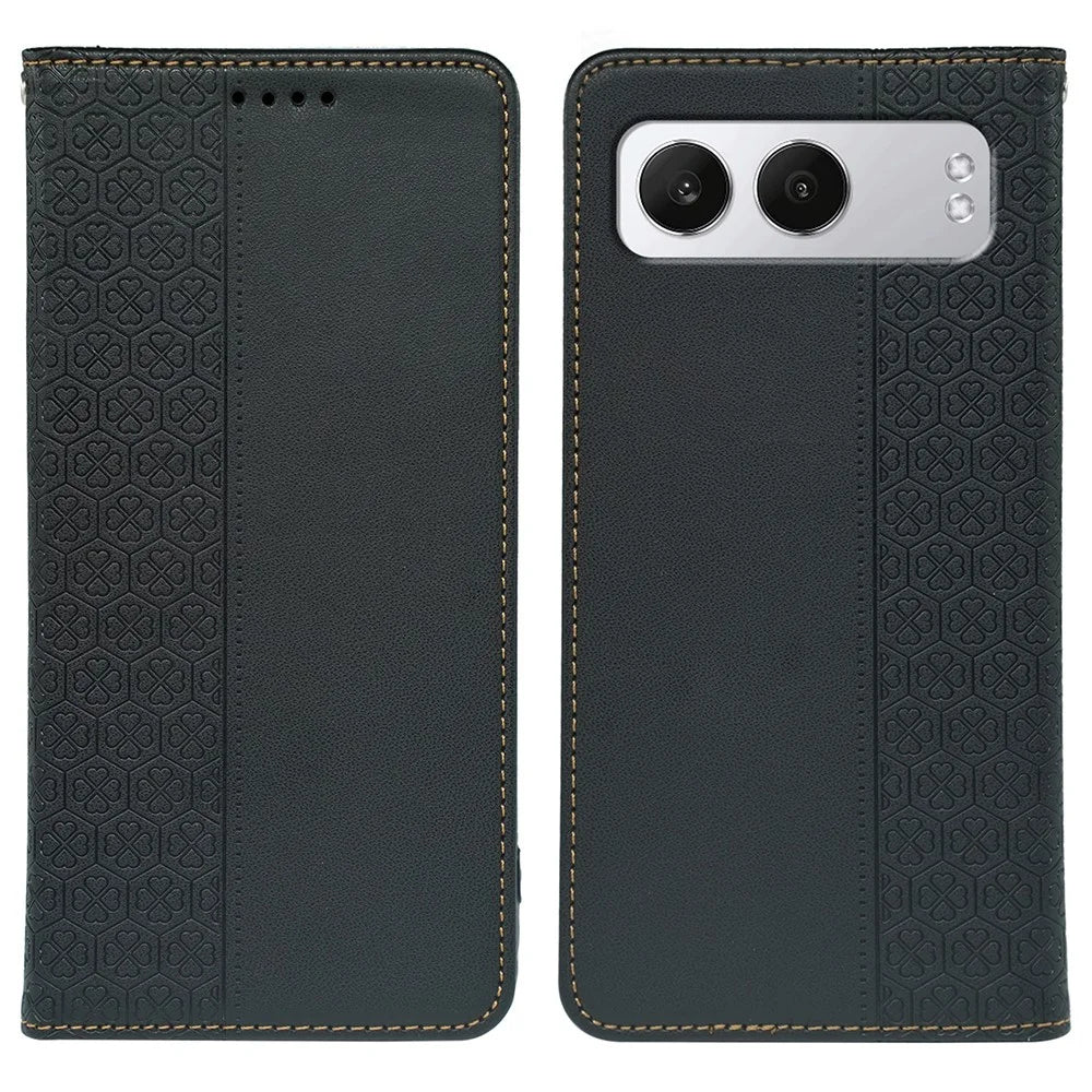 For OnePlus Nord 4 Case Four Leaf Clover Leather Flip Phone Cover Stand Wallet - Black - 1
