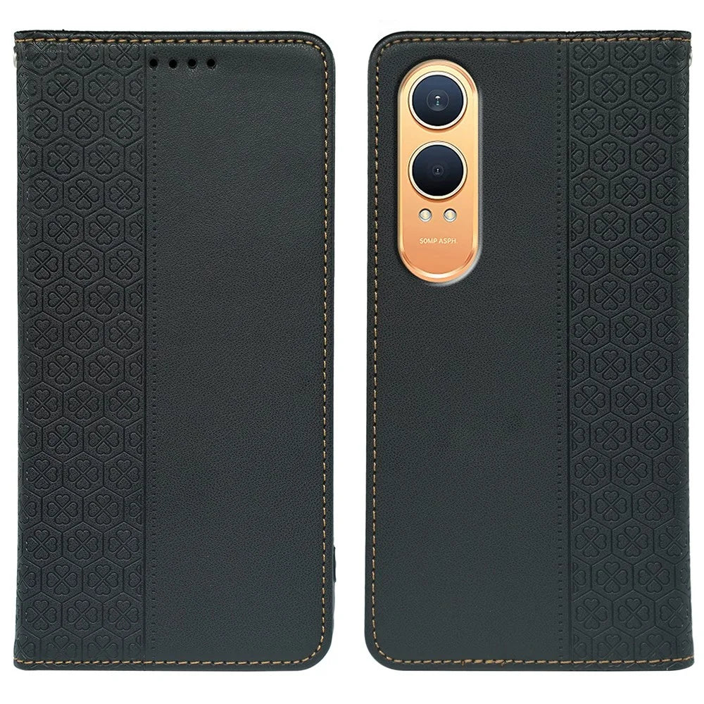 For OnePlus Nord CE4 Lite 5G  /  Oppo K12x 5G (China) Case Four Leaf Clover Leather Flip Phone Cover Stand Wallet - Black - 1