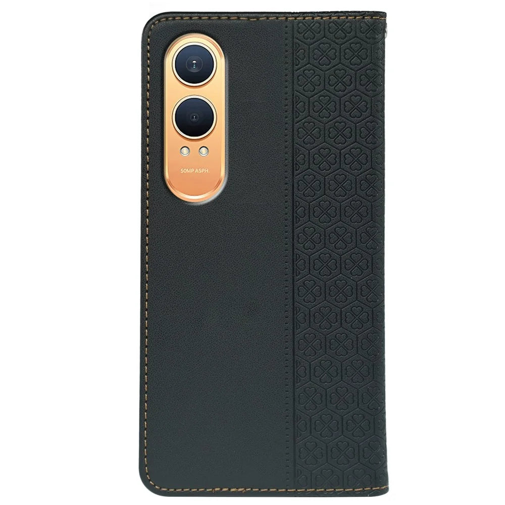 For OnePlus Nord CE4 Lite 5G  /  Oppo K12x 5G (China) Case Four Leaf Clover Leather Flip Phone Cover Stand Wallet - Black - 5