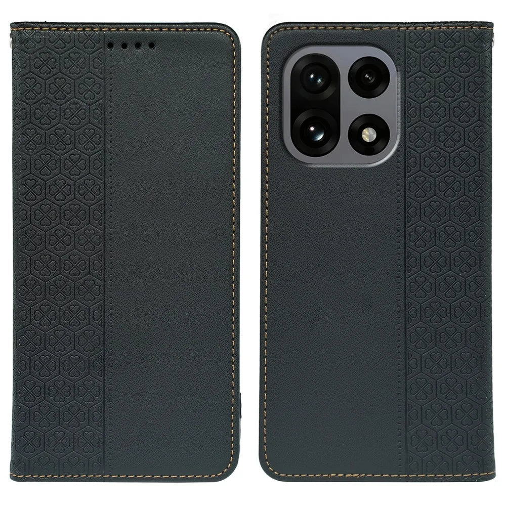 For OnePlus 15 5G Case Four Leaf Clover Leather Flip Phone Cover Stand Wallet - Black - 1