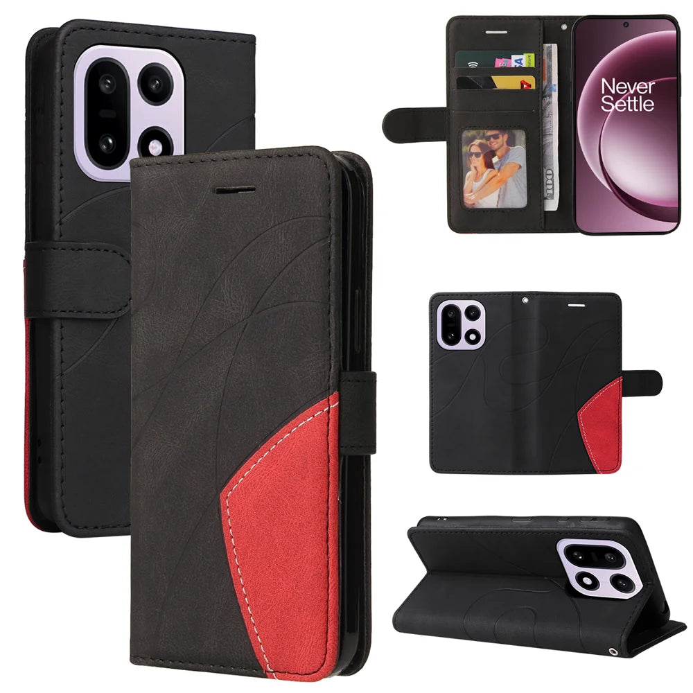 For OnePlus 15 5G Leather Phone Case Stand Wallet with Bi-colour Splicing Design - Black - 1
