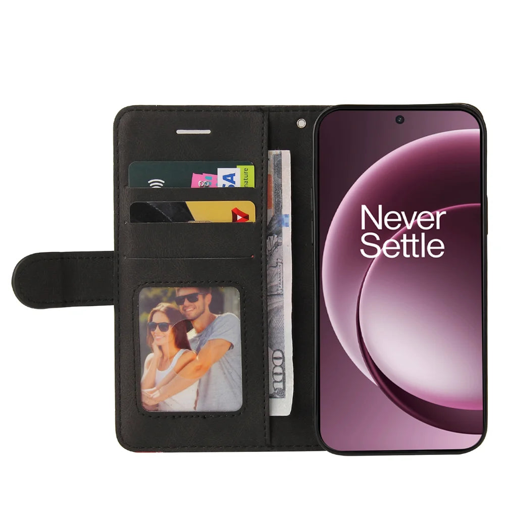 For OnePlus 15 5G Leather Phone Case Stand Wallet with Bi-colour Splicing Design - Black - 2