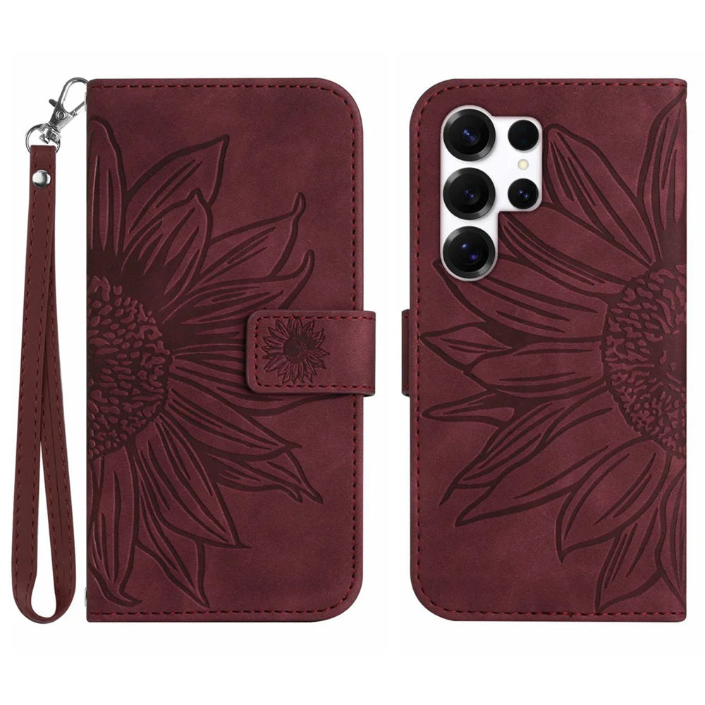 For Samsung Galaxy S26 Ultra Case Sunflower Imprint Leather Wallet Phone Cover with Wrist Strap - Wine Red - 1