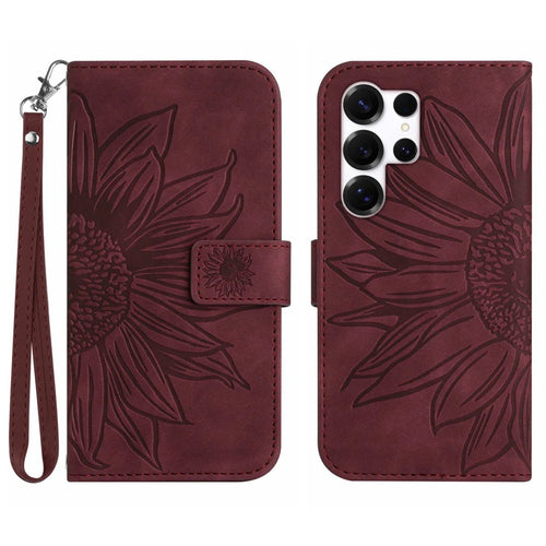 For Samsung Galaxy S26 Ultra Case Sunflower Imprint Leather Wallet Phone Cover with Wrist Strap - Wine Red - 1