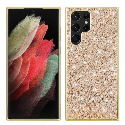 For Samsung Galaxy S23 Ultra Shiny Glitter Sequins Phone Case Drop Resistant Electroplating TPU Frame Hard PC Back Cover - Gold - 1