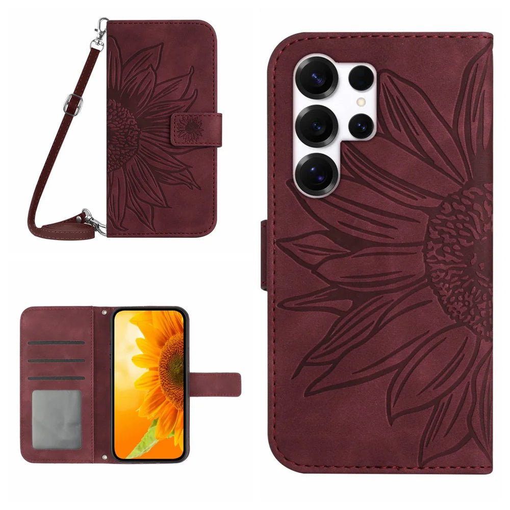 For Samsung Galaxy S26 Ultra Wallet Case Sunflower Imprinted  PU Leather Phone Stand Cover with Shoulder Strap - Wine Red - 1