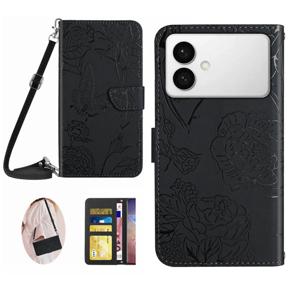 For Samsung Galaxy S26 Ultra Case Butterfly Flower Imprint Leather Phone Cover with Shoulder Strap - Black - 1