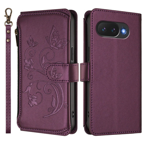 For Google Pixel 10a Leather Case Butterfly Floral Imprint Zipper Wallet Stand Cover with Wrist Strap - Purple - 1