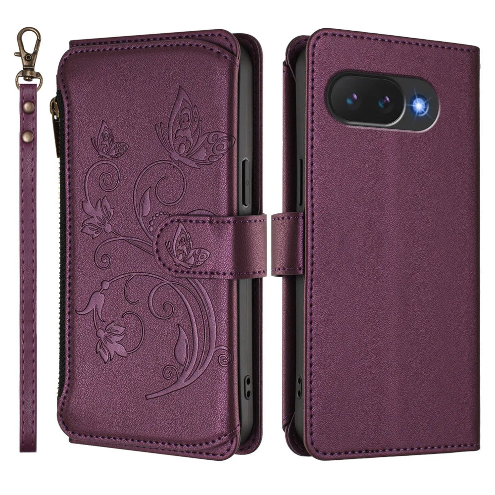 For Google Pixel 10a Leather Case Butterfly Floral Imprint Zipper Wallet Stand Cover with Wrist Strap - Purple - 1