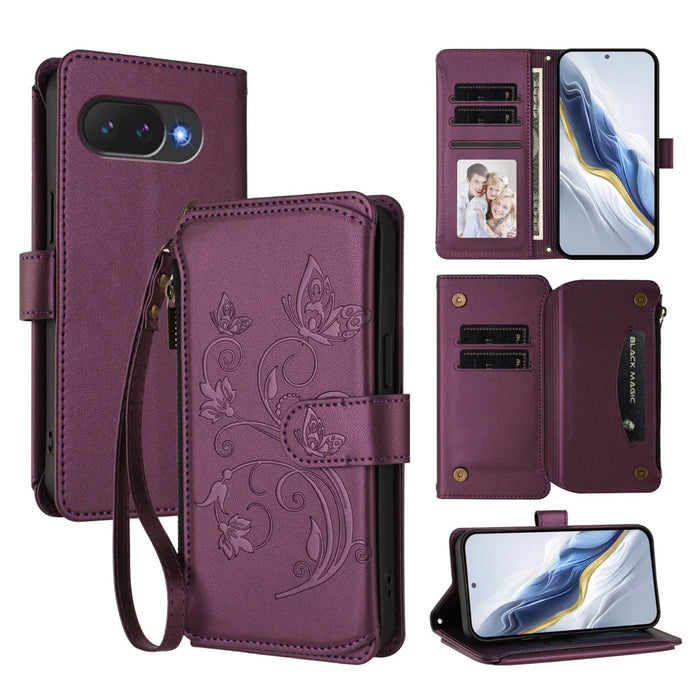 For Google Pixel 10a Leather Case Butterfly Floral Imprint Zipper Wallet Stand Cover with Wrist Strap - Purple - 2