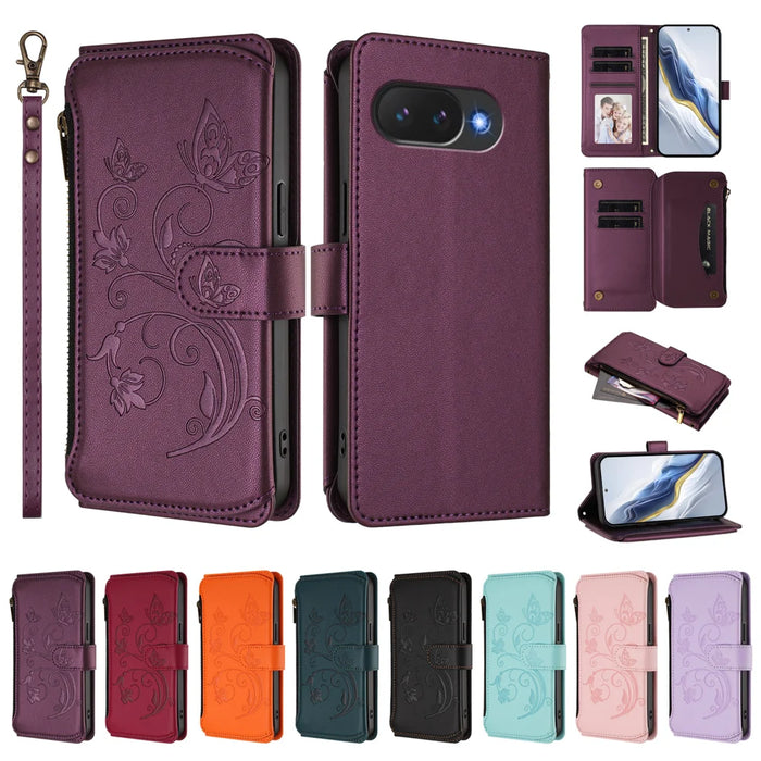 For Google Pixel 10a Leather Case Butterfly Floral Imprint Zipper Wallet Stand Cover with Wrist Strap - Purple - 4