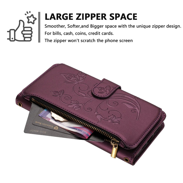 For Google Pixel 10a Leather Case Butterfly Floral Imprint Zipper Wallet Stand Cover with Wrist Strap - Purple - 7