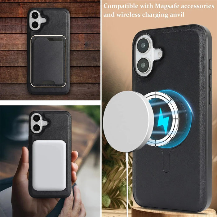 For iPhone 17 Case Compatible with MagSafe Ultra Thin Card Holder PU Leather Coated TPU Cover - Black Blue - 7