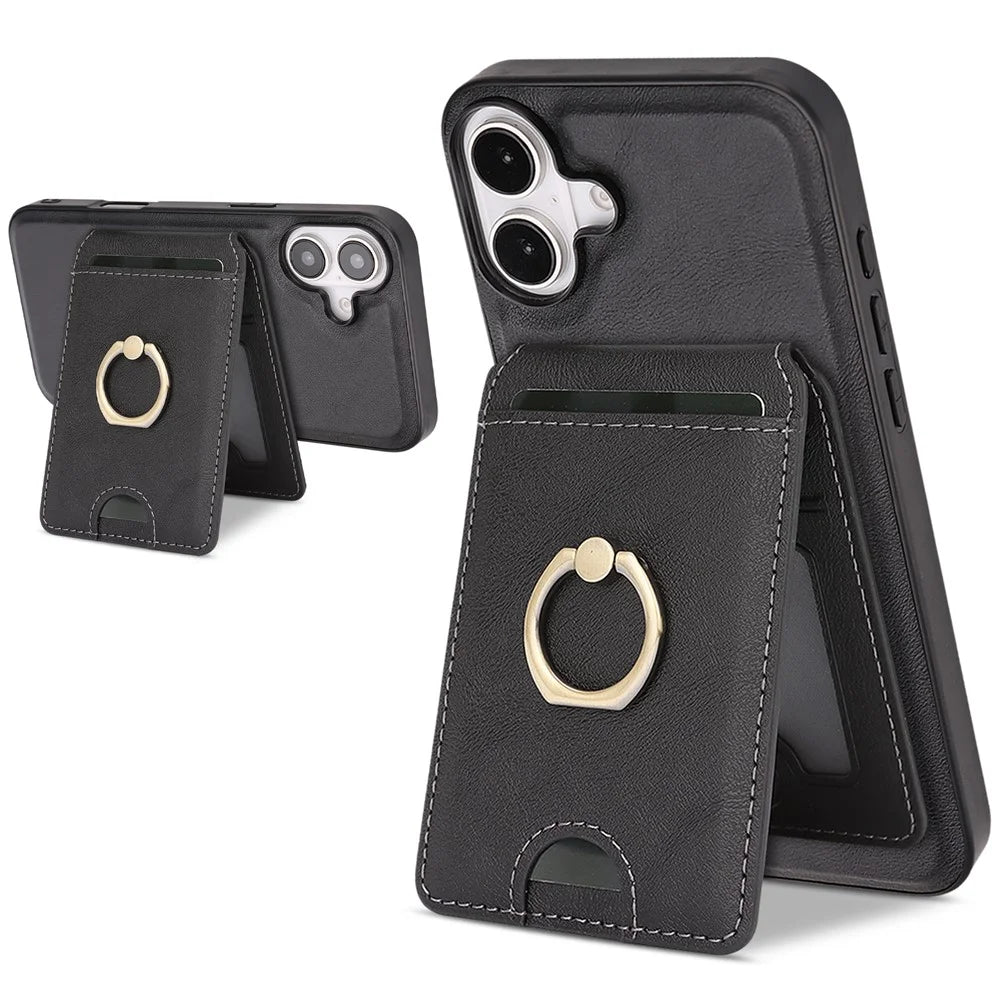 For iPhone 17 Case Detachable Card Bag Compatible with MagSafe PU Leather Coated TPU Cover with Ring Kickstand - Black - 1