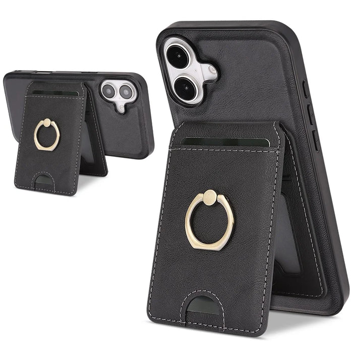 For iPhone 17 Case Detachable Card Bag Compatible with MagSafe PU Leather Coated TPU Cover with Ring Kickstand - Black - 1