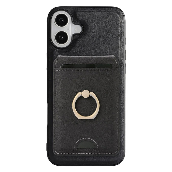 For iPhone 17 Case Detachable Card Bag Compatible with MagSafe PU Leather Coated TPU Cover with Ring Kickstand - Black - 2