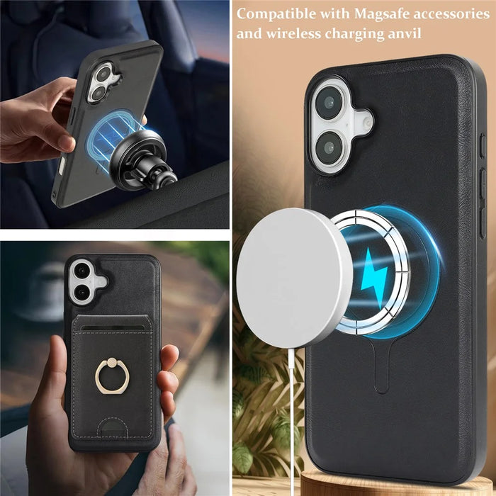 For iPhone 17 Case Detachable Card Bag Compatible with MagSafe PU Leather Coated TPU Cover with Ring Kickstand - Black - 3