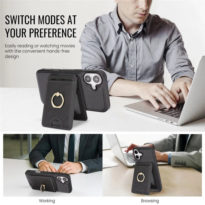 For iPhone 17 Case Detachable Card Bag Compatible with MagSafe PU Leather Coated TPU Cover with Ring Kickstand - Black - 4