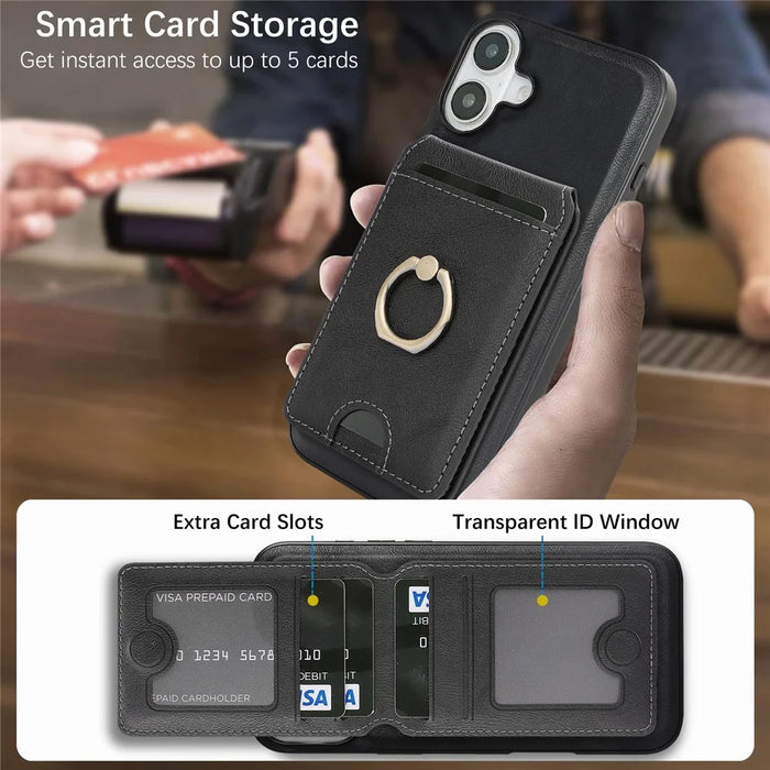 For iPhone 17 Case Detachable Card Bag Compatible with MagSafe PU Leather Coated TPU Cover with Ring Kickstand - Black - 5
