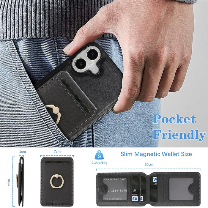 For iPhone 17 Case Detachable Card Bag Compatible with MagSafe PU Leather Coated TPU Cover with Ring Kickstand - Black - 6