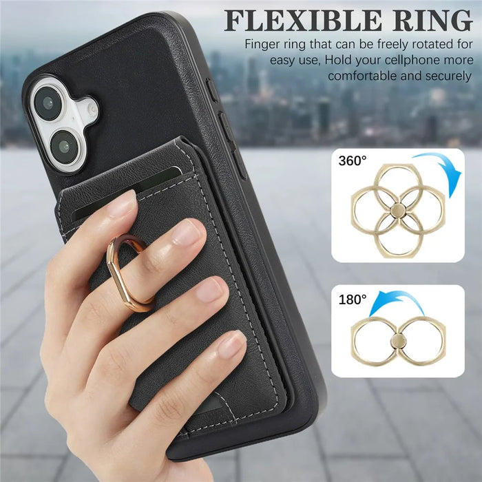 For iPhone 17 Case Detachable Card Bag Compatible with MagSafe PU Leather Coated TPU Cover with Ring Kickstand - Black - 7