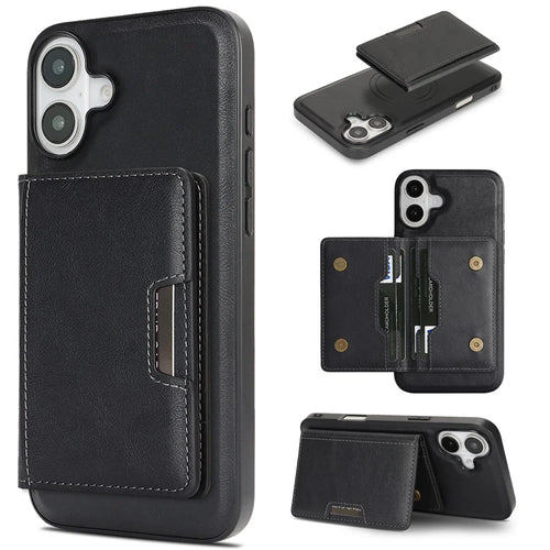 For iPhone 17 Kickstand Case Bi-fold Card Bag PU Leather Coated TPU Cover Compatible with MagSafe - Black - 1