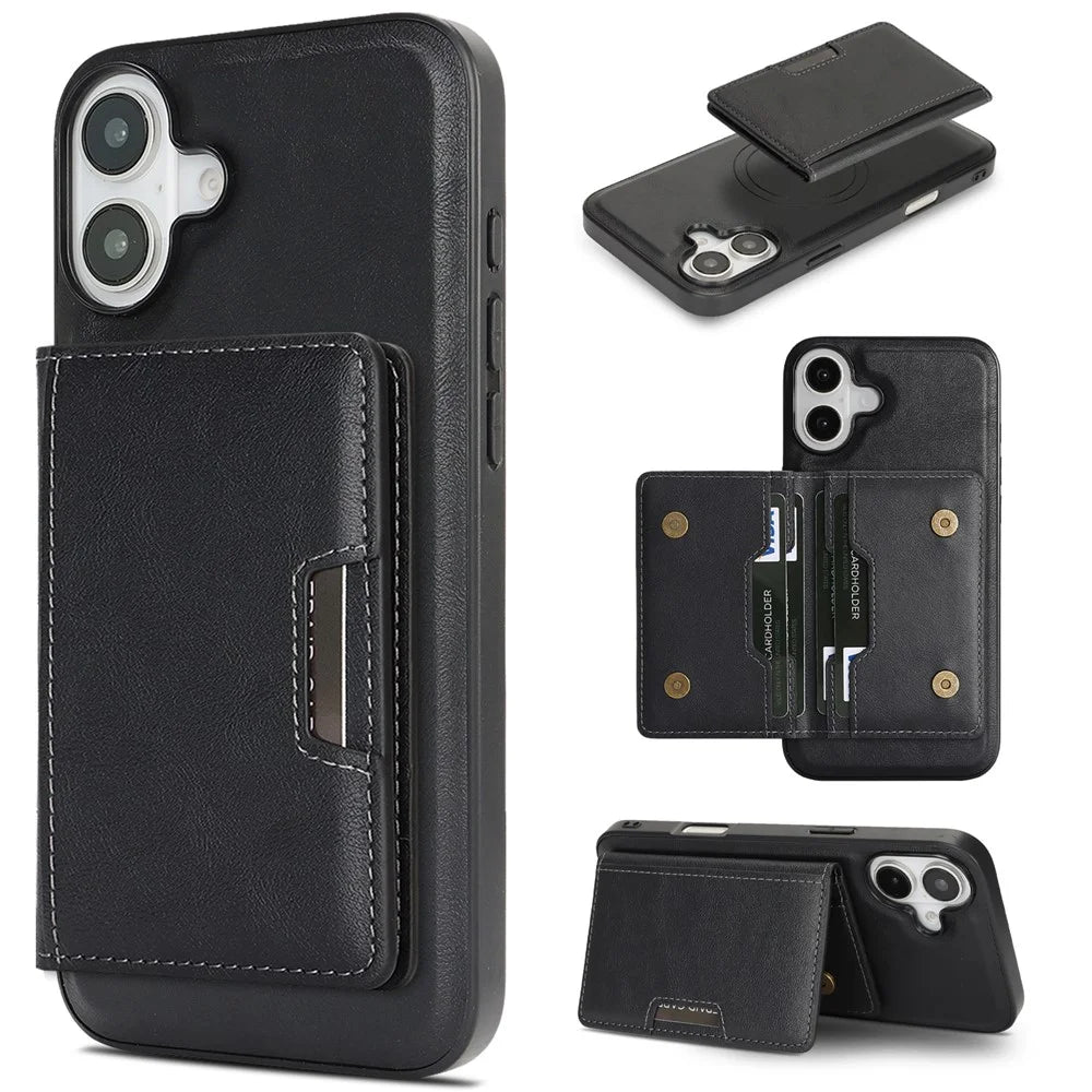 For iPhone 17 Kickstand Case Bi-fold Card Bag PU Leather Coated TPU Cover Compatible with MagSafe - Black - 1