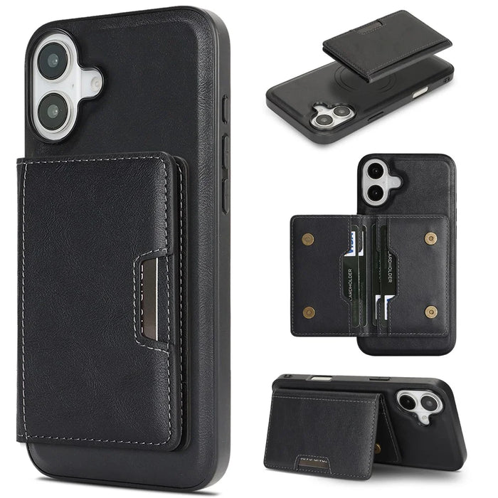 For iPhone 17 Kickstand Case Bi-fold Card Bag PU Leather Coated TPU Cover Compatible with MagSafe - Black - 1